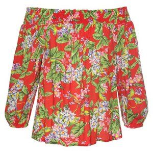 NEW Lascana by Venus Womens LARGE RED TROPICAL Floral Print Off-The-Shoulder TOP
